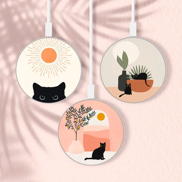 Boho Art Wireless Charger Black Cat Charging Station, FAST CHARGING for All QI Enabled Phones | for iPhone 13, Samsung