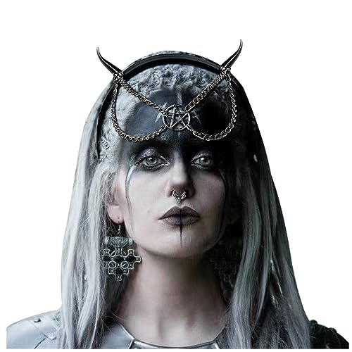 L'VOW Punk Devil Spiked Headband with Chain Gothic Rock Leather Hairband Rivet Darkness Headpiece Party Costume(Black-2) - Black-2