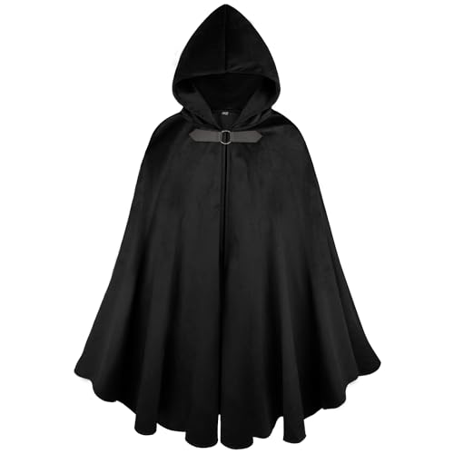 Charm&Cstay Teen Renaissance Hooded Cloak, Adult Medieval Renaissance Cloak with Hood for Party, Halloween - Short cloak for Height 39.3'' - Black