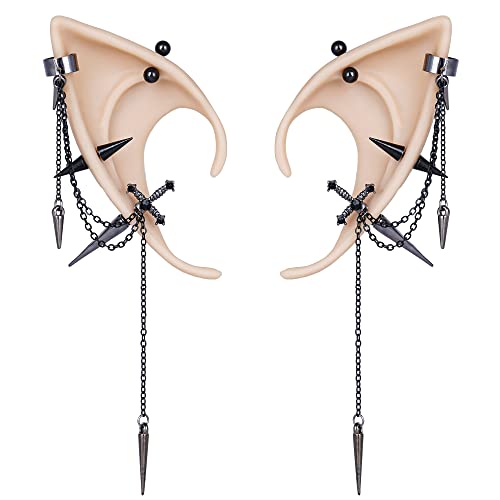 FRESHME Gothic Elf Ears with Piercings - Elven Ear Cuffs Retro Ear Jewelry Clips Wraps Women Men Halloween Cosplay Costume - Gothic Elf Ear Cuff - Black