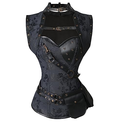 Charmian Women's Steampunk Spiral Steel Boned Vintage Retro Corset Tops Bustier - Large - Black/Rose Pattern