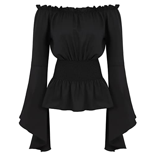 Womens Renaissance Blouse Off Shoulder Trumpet Long Sleeve Peasant Tops Medieval Victorian Costume - Small - Black