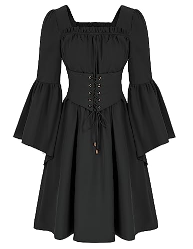 Scarlet Darkness Renaissance Dress Women Bell Long Sleeve Medieval Dress Square Neck Skater Dress with Pockets - Black - Small