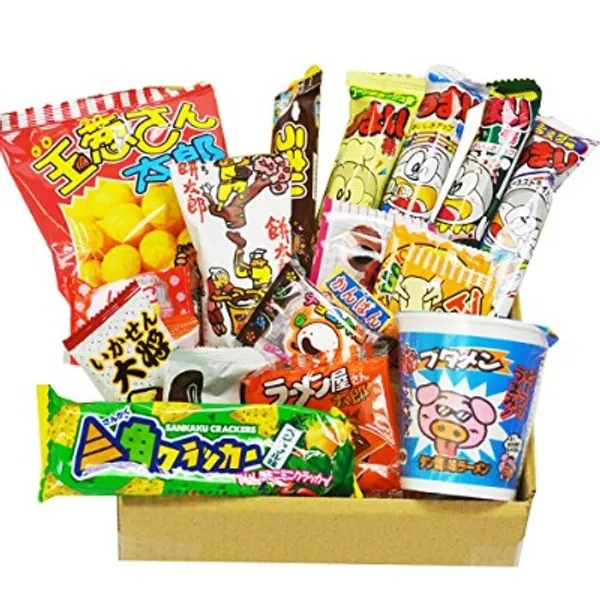 Japanese Dagashi 18 pcs Assortment & Cup Noodles Ramen BUTAMEN Set Special Box with AKIBA KING Sticker