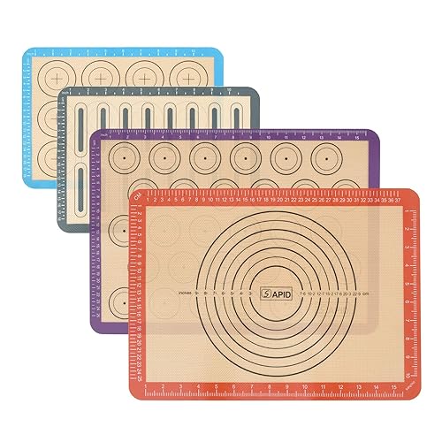 Sapid 4 Pieces Silicone Baking Mats with Measurement, Resuable Non-Stick Silicon Baking Sheet Liners for Oven Pan, Macaron/Cookies Making, Heat- Resistance Countertop Mat (2 Half + 2 Quarter Sizes) - Red&purple&grey&blue