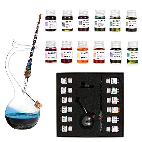 Thyggzjbs Handmade High Borosilicate Glass Glass Dip Pen Ink Set-Crystal Pen with 12 Colorful Inks for Art, Writing, Signatures, Calligraphy, Decoration, Gift (Colorful) - Colorful