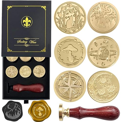 Wax Seal Stamp Gift Box Set, 6 Pcs Sealing Wax Stamps Copper Seals 1 Wooden Hilt, Wax Stamp Kit for Cards Envelopes, Gift Packaging (Vast Universe Series) - Vast Universe Series