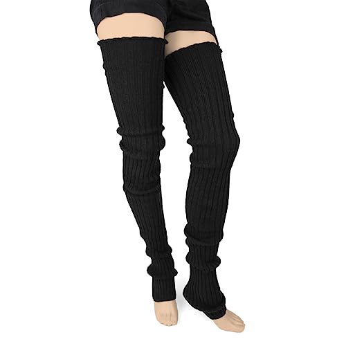 Foot Traffic Women's Cable-Knit Leg Warmers, Warm & Long Footless Thigh-Highs - One Size Extra Long - Black Super Long