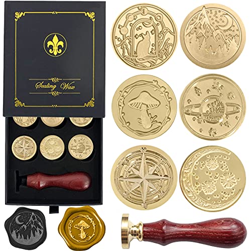 Wax Seal Stamp Gift Box Set, 6 Pcs Sealing Wax Stamps Copper Seals 1 Wooden Hilt, Wax Stamp Kit for Cards Envelopes, Gift Packaging (Vast Universe Series) - Vast Universe Series