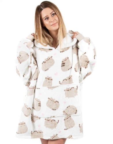 Pusheen Vuddie Oversized Blanket Hoodie Women | Ladies Tabby Cat Hearts Fluffy Sherpa Fleece Pullover | One Size Sweatshirt With Big Pocket
