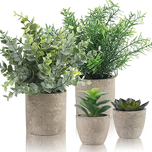 ALAGIRLS Artificial Plants Set of 4 - Small Fake Plants Indoor Plastic Plants Potted, Eucalyptus Rosemary Mini Succulents Faux Plants for Indoors Office Desk Bedroom Decoration - Eucalyptus
