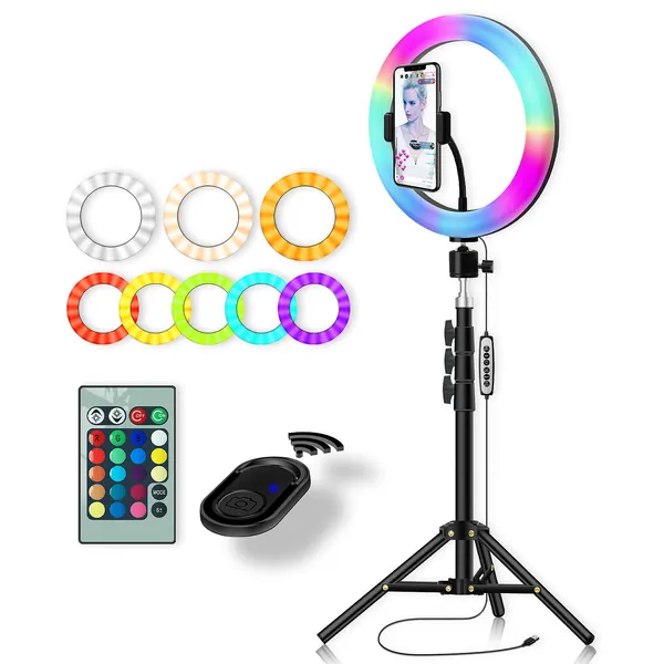 10'' Ring Light with Tripod Stand & Phone Holder - Multicolor RGB Selfie Circle Lights with Remote Control for TIK Tok YouTube Video Conferencing Makeup Photography Lighting
