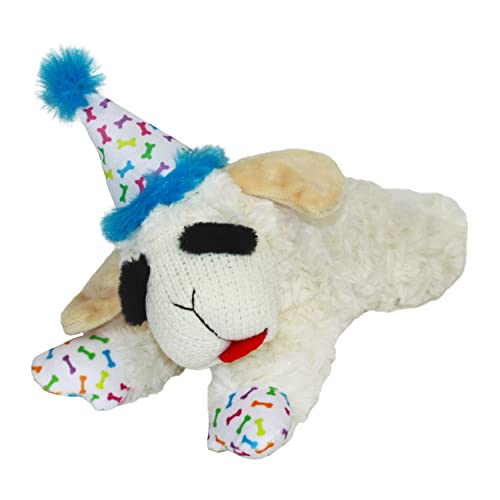 Multipet Lamb Chop Dog Toy with Birthday Hat, Blue, 10.5" - 10.5"