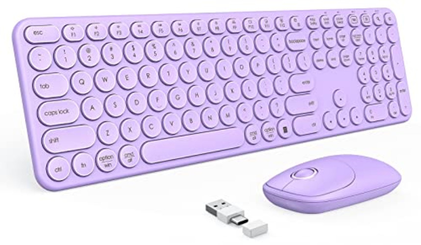 Purple Keyboard and Mouse Wireless, PEIOUS Cute Wireless Keyboard and Mouse with USB and Type C Receiver, Full Size Cordless Purple Wireless Keyboard for Mac and Windows, Laptop, PC (Purple) - Purple