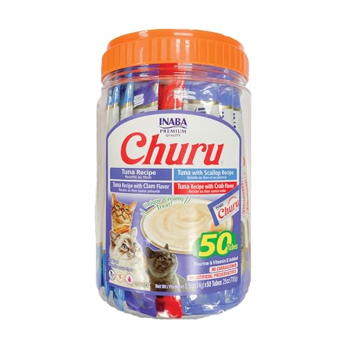 INABA Churu Cat Treats, Lickable, Squeezable Creamy Purée Cat Treat with Green Tea Extract & Taurine, 0.5 Ounces Each Tube, 50 Tubes, Tuna & Seafood Variety - Tuna & Seafood Variety - 0.5 Ounce (Pack of 50)