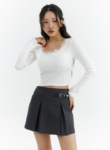 U-Neck Lace Long Sleeve Tee CJ423 | White / S/M