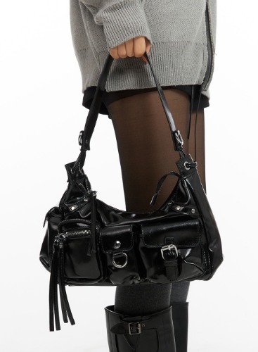 Chic Faux Leather Pocket Shoulder Bag CM408 | Black / One Size