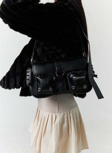 Pocketed Faux Leather Shoulder Bag CN328 | Black / One Size