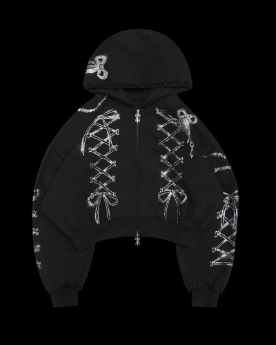 CONFESSIONS RHINESTONE CROP ZIP HOODIE BLACK | XS