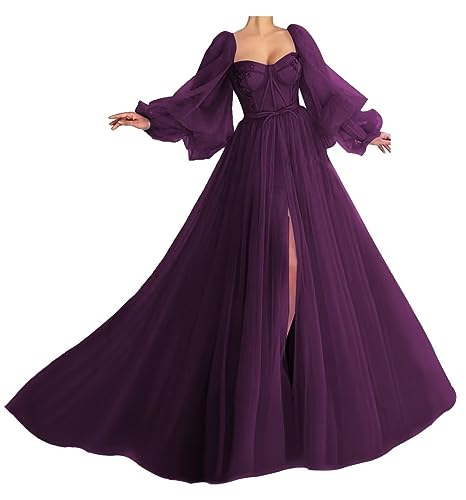 Puffy Sleeve Prom Dress Sweetheart Tulle Ball Gown Slit Formal Evening Gowns Princess Wedding Dresses - 12 - Grape