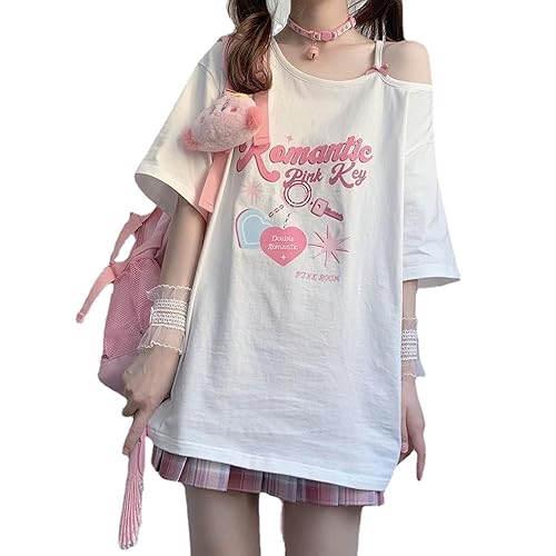 Women Kawaii Off Shoulder T-Shirt Harajuku Sweet Girl White Tops Y2k Aesthetic Cute Graphic Tees Japanese Fashion Shirt - Medium - White