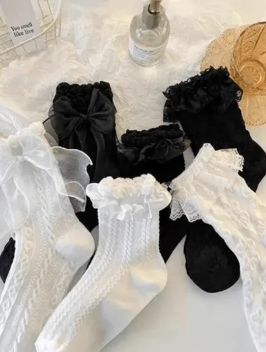 1/2/3/6 pares de calcetines de media pantorrilla con trenzado de punto y encaje