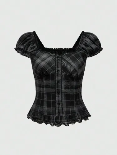 ROMWE Goth Camisa de cuadros de estilo escolar para mujer con dobladillo de encaje, mangas abullonadas y cintura fruncida