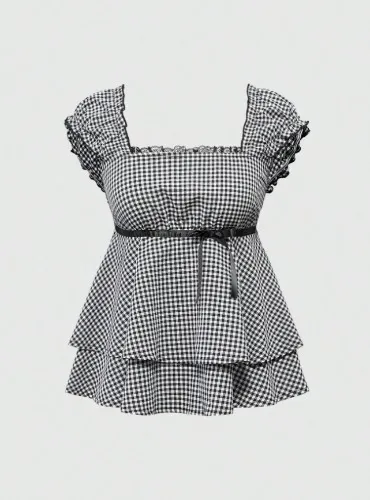 ROMWE Kawaii Blusa de Línea A cuadros de muñeca con cuello cuadrado y decoración de moño para chicas