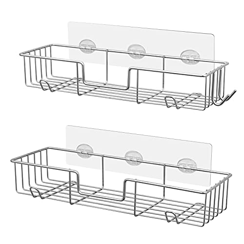 AmazerBath Adhesive Shower Caddy Basket Rack with Hooks, Shower Shelf Wall Mounted, No Drilling Shower Organizer for Bathroom, Rustproof Stainless Steel, 2 Pack, Chrome - Chrome