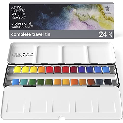 Winsor & Newton Professional Watercolor Paint Set, Lightweight Metal Box, 24 Half Pans - Lightweight Metal Box 24 Half Pans
