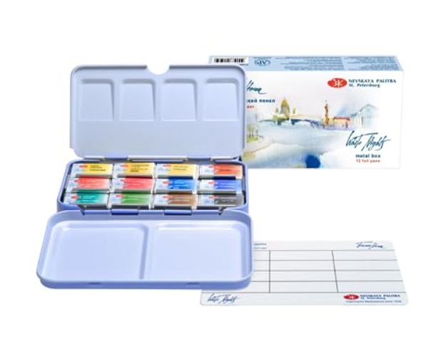 White Nights Extra Fine Artists Grade Professional Watercolors 12 Full Pans in Metal case Set by Nevskaya Palitra