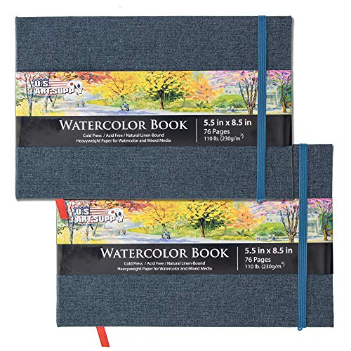 U.S. Art Supply 5.5" x 8.5" Watercolor Book, 2 Pack, 76 Sheets, 110 lb (230 GSM) - Linen-Bound Hardcover Artists Paper Pads - Acid-Free, Cold-Pressed, Brush Painting & Drawing Sketchbook Mixed Media - 5.5-x-8.5-inch