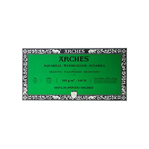 Arches Watercolor Block 10x14-inch Natural White 100% Cotton Paper - 20 Sheets of Arches Watercolor Paper 140 lb Cold Press - Arches Art Paper for Watercolor Gouache Ink Acrylic and More - 5.9"x11.8" - Cold Press