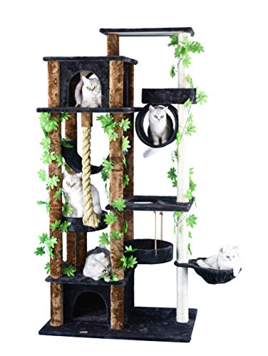 Go Pet Club 70" Jungle Forest Leaves Collection Luxury Cat Tree Condo Kitty Climber Furniture with Rope, Tunnel, and Swing, Brown/Black