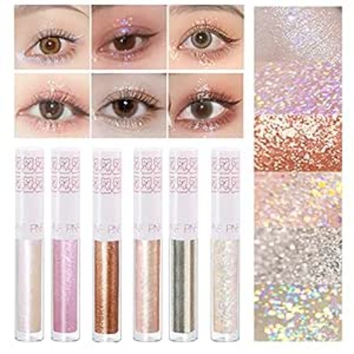 6Pcs Liquid Glitter Eyeshadow Eyeliner, Korean Makeup, Bling Under Eye Shadow, Shimmer Metallic Eye Make Up Set, Long Lasting, Quick Drying and Pigmented Loose Glitter Glue for Crystals Eye Makeup - Liquid Glitter Bling Colors