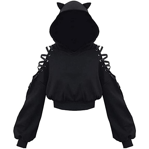 Womens Long Sleeve Cute Cat Ear Pullover Hoodie Crop Top Gothic Cold Shoulder Lace Up Y2k E-Girl Oversized Sweatshirt - Black a Small