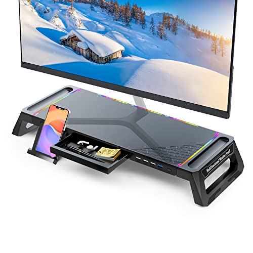 MOOJAY Monitor Stand for Desk, RGB Gaming Light with USB 3.0 & 2.0 Hub, Monitor Riser Foldable Computer Screen Riser with Drawer and Pen Tray, for PC/Laptop/iMac - Black - 1 USB 3.0 + 3 USB 2.0