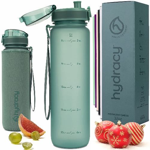 Hydracy Trinkflasche mit Infuser und Zeitmarkierung - 1Liter BPA-Frei Auslaufsicher Sportflasche - Kondenswasserfrei Wasserflasche - Ideal für Sport und Outdooraktivität - Mondlichtgrün