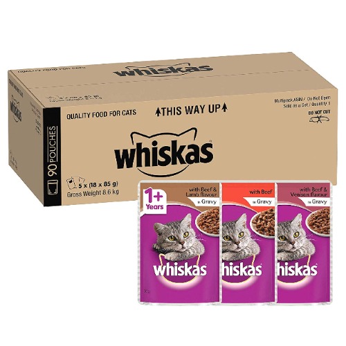 Whiskas Beef Selection in Gravy Wet Cat Food 85g Pouch, 90 Pack, One Size