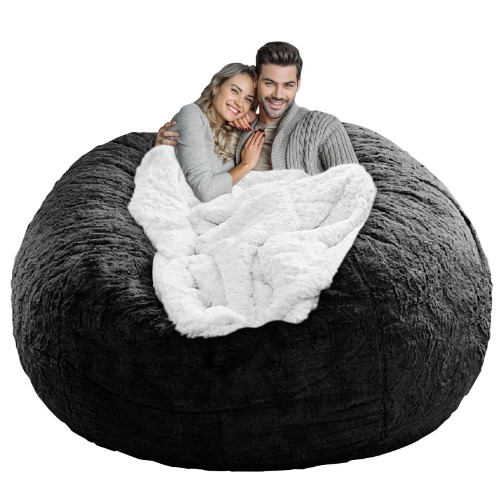 LapEasy Bean Bag Chair Cover(Cover Only,No Filler),Oversized Round Soft Fluffy PV Velvet Washable Lazy Sofa Bed Cover, Living Room Bedroom Furniture Outside Cover(Black) - 5ft(150cm) Cover Black