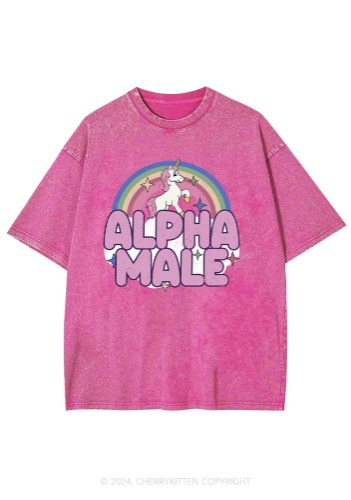 Rainbow Unicorn Alpha Male Y2K Washed Tee Cherrykitten | Hot Pink / L