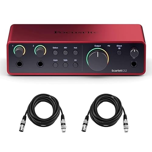 Focusrite Scarlett 2i2 4th Gen 2x2 USB Audio Interface Bundle with 2x H&A 6' XLR Cables, For PC & MAC, Great for Music Recording and Podcast (3 Items)