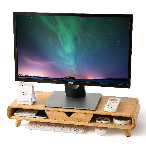 Homerays Bamboo Monitor Stand Riser, No Assembly Required Exquisite Monitor Stand with Drawer, Ergonomic Height Wood Monitor Stand - Classic Style Bamboo