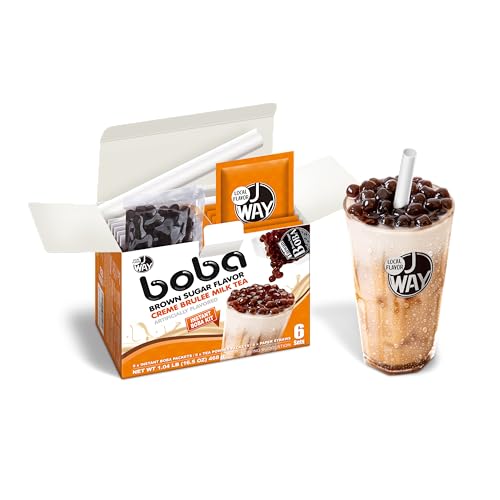 J WAY Instant Boba Bubble Pearl Milk Tea Kit with Authentic Crème Brulee Tapioca Boba, Ready in Under One Minute, Paper Straws Included - 6 Servings - Crème Brulee Milk Tea with Caramel Boba