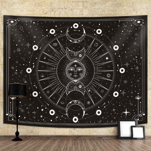 Sun Moon Tapestry Wall Hanging Stars Space Psychedelic Black and White Wall Tapestry Wall Tapestry for Bedroom Home Wall Décor (Mysterious Black, 60x90 Inches, 150x230 cm) - Mysterious Black 60x90 Inches, 150x230 cm