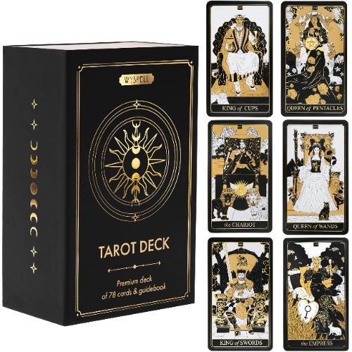 Wyspell Classic Tarot Deck with Guidebook - 78 Gold Tarot Cards for Beginners Tarot Deck Set - Black Tarot Cards with Guide Book - Original Tarot Cards Deck with Guidebook - 