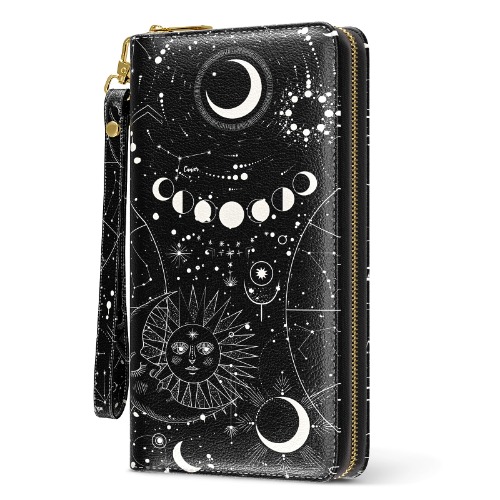 Nipichsha - portafolios de pulsera RFID para mujer, lindo bolso para mujer, portafolios grande con cierre y soporte para teléfono, multicolor/fantasía (Sun Moon), Moderno - multicolor/fantasía (Sun Moon)