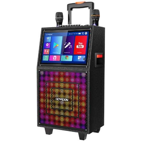 GEARDON - Máquina de karaoke con visualización de letras para adultos, tablet integrada de 15 pulgadas, altavoz Bluetooth con 2 micrófonos inalámbricos, luces de DJ, sistema de karaoke portátil para