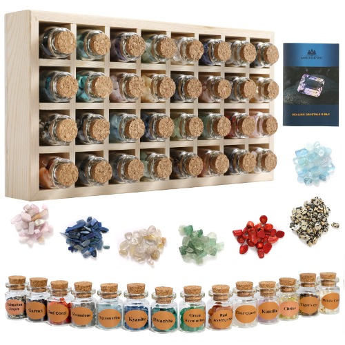 AMBER IMPRINT Set of 32 Crystals for Witchcraft with Wooden Tray - Healing Crystals chip in 5ml Glass Bottles - Chakra Healing Crystals in Gift Package - Witchcraft Supplies Crystals for Beginners - 5ml