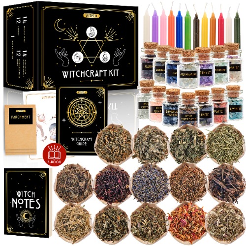 Witchcraft Supplies Kit for Witch Altar 54PCS - Spell Candles for Witches - Crystals Spell Jars for Witches - Herbs for Spells - Beginner Witch Kit Box - Witchcraft Kit - Witch Starter Kit - 